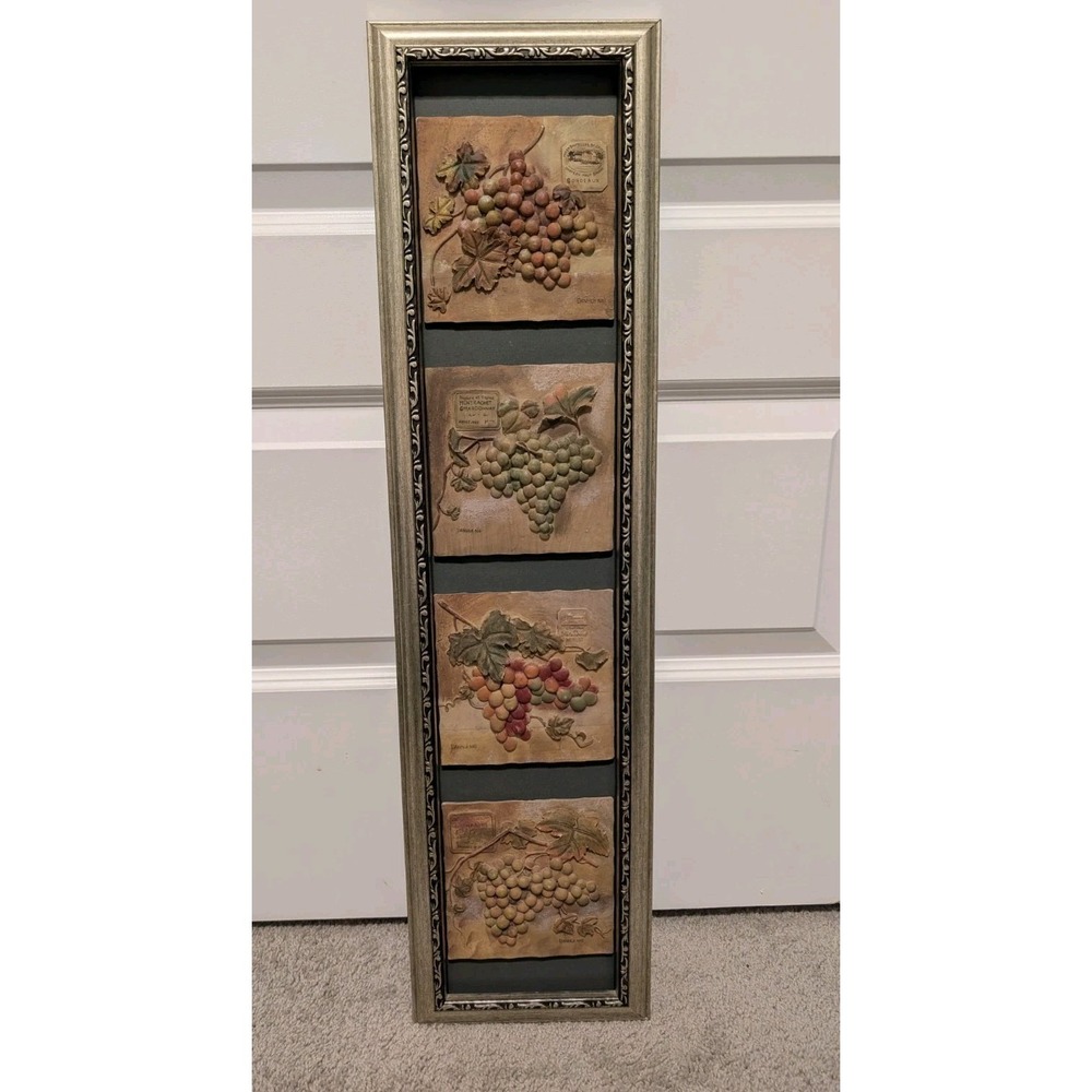 Danhui Nai Grapes Wall 3D Art 4 Panel Framed Resin Wall Hanging Tuscan Signed